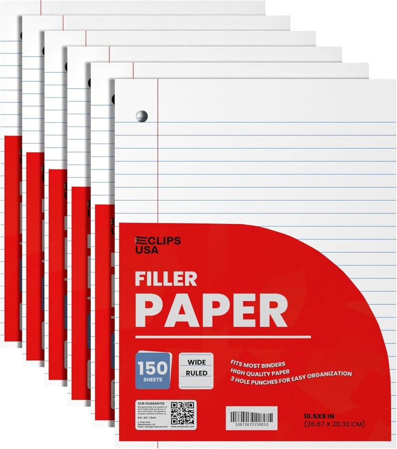 VEEBOOST Graph Paper Wide Ruled Loose Leaf Paper Wide Ruled Notebook Paper Lined Writing Filler Paper 10.5” x 8” 56 gsm 900 Sheets 150 Sheet Per Pack (6 Pack) - Image 1